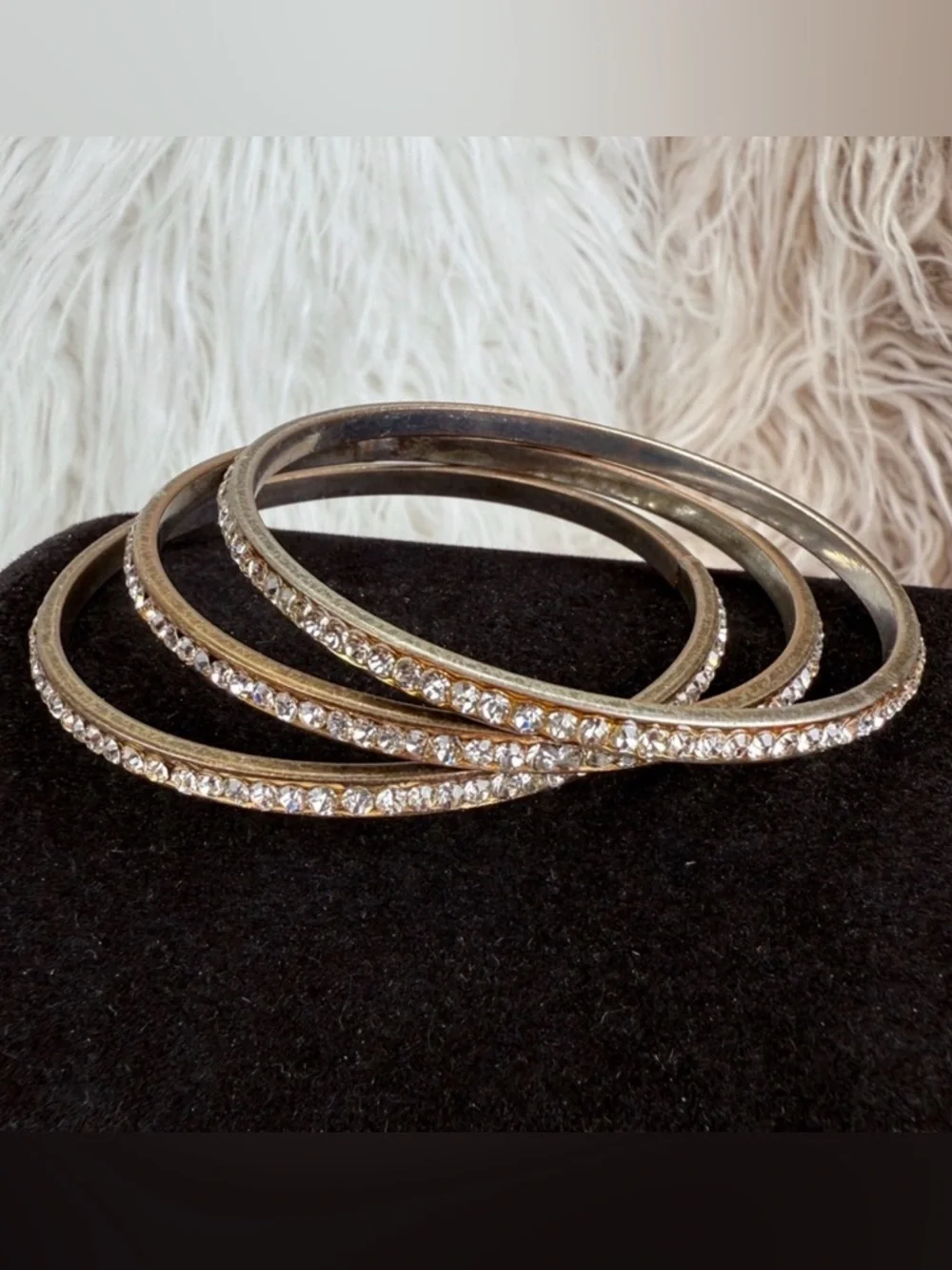 Vintage 3 Aged Silvertone Crystal Bangle Bracelet Set